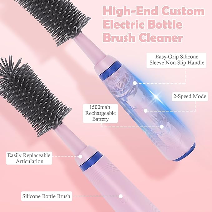 Electric Bottle Brush with Stand and Extendable Handle,Silicone Bottle Brush Set with Water Bottle/Nipple/Straw Brush,Easy-Grip Silicone Handle,Waterproof/Rechargeable Brush, Pink