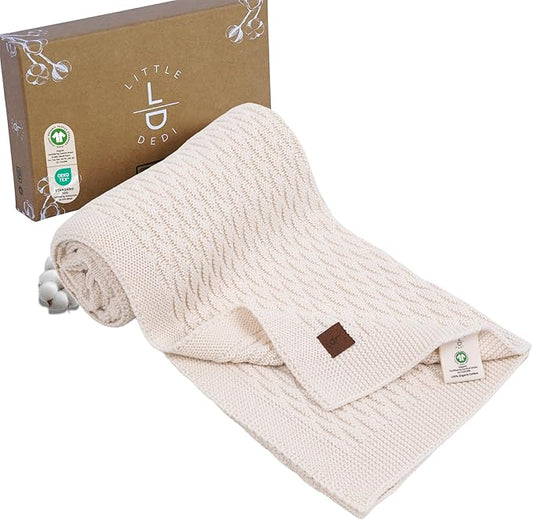 100% Organic Cotton Baby Knitted Blanket with Gift Box - Soft Toddler, Crib, Stroller Blanket - Neutral Swaddle and Receiving Blanket for Newborns, 30"x40", Pink, Nora