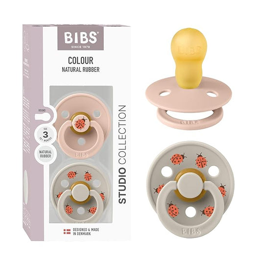 BIBS Colour Studio Soother 2-Pack, BPA Free Dummy Pacifier, Round Nipple. Natural Rubber Latex, Made in Denmark, Size 3 (18+ Months), Blush/Sand