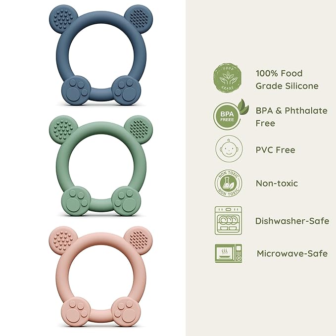 PandaEar 3 Pack Silicone Teething Toys - Baby Teething Rings, BPA Free Teether for 0-12 Months, Soothing Sore Gums