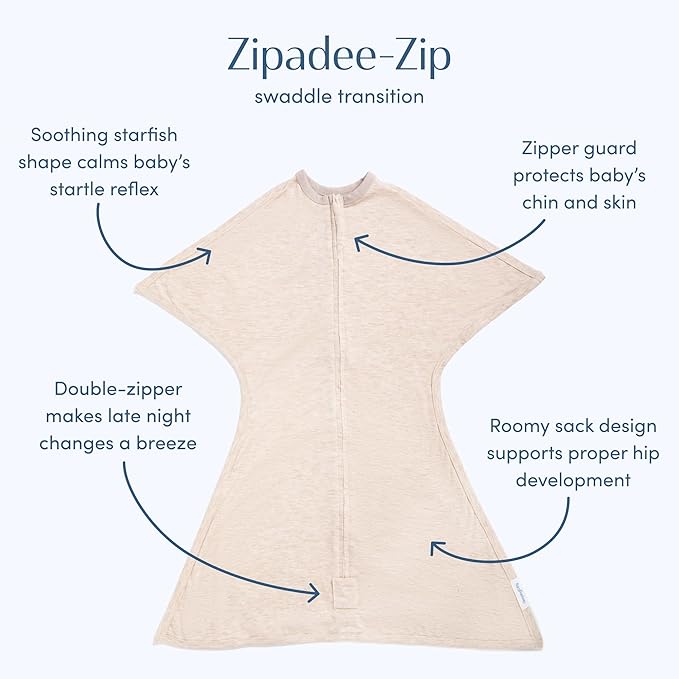 SleepingBaby Zipadee-Zip Transition Swaddle - Cozy Baby Swaddling Blanket with Zipper Convenience - Roomy Wearable Blanket for Easy Diaper Changes - 3-6 Month - Balanced Beige Heather