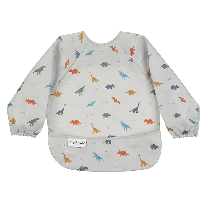 Tiny Twinkle Mess Proof Baby Bib,Waterproof Smock Baby Bib for Eating,Machine Washable Long Sleeve Bib,Baby Led Weaning,Toddler Bib,BLW Supplies(Dinosaur, Small 6-24 Months)