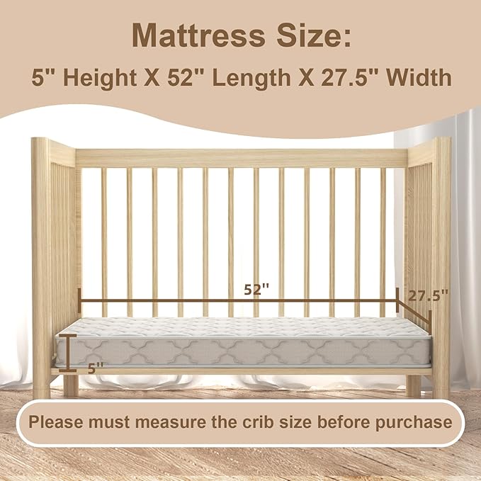 5" Crib & Toddler Mattress, 52x27.5 Breathable Knitted Fabric Cover, CertiPUR-US Certified Foam, Edge Reinforcement, Fits Standard Size Crib and Toddler Bed, Pure White