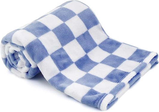 Plush Checkered Baby Blanket for Boys Girls Nursery, 30"*41" Warm Short Fleece Blanket Neutral for Infant Newborn, Small Fuzzy for Sleeping, Chenille or Stroller (Dark Blue&White)