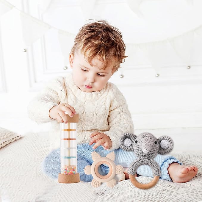 Youuys Wooden Baby Rattle Set (3pcs) - Crochet Rattle Rain Stick Teething Toys, Wooden Montessori Toy for Newborn Infant Baby Rattles Set Toys 3-6-12 Months (Gray Elephant)