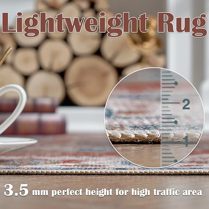 jinchan Area Rug 8x10 Washable Living Room Rug Indoor Large Vintage Floor Cover Distressed Rusty Red Multi Lightweight Non Slip Thin Carpet for Kitchen Bedroom Dining Room