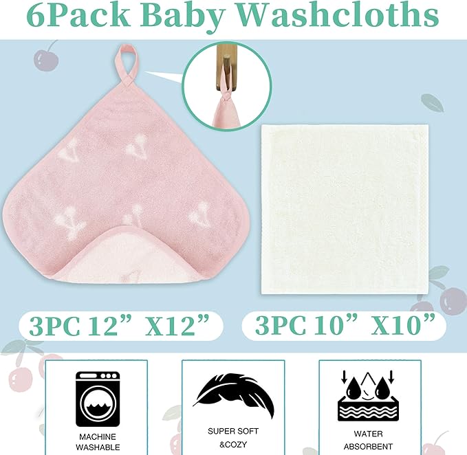 VOOVA & MOVAS 6 Pack 100% Cotton Baby Washcloths | 12x12 Inches | Highly Absorbent | Ultra-Soft Newborn Towels | Perfect Set | Jacquard Cherry & Ivory Colors