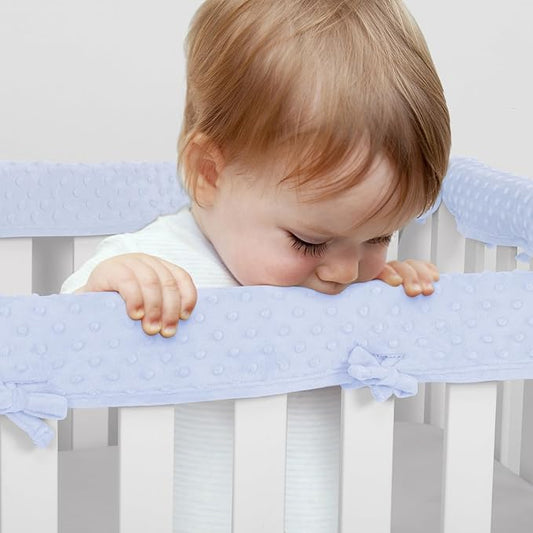 Plush Blue 3pcs New Teething Edge Crib Rail Cover&Corner Guard Coverage Straps,Reversible Guardrail Cover Protector for Boys Girls(1 Long 2 Short)