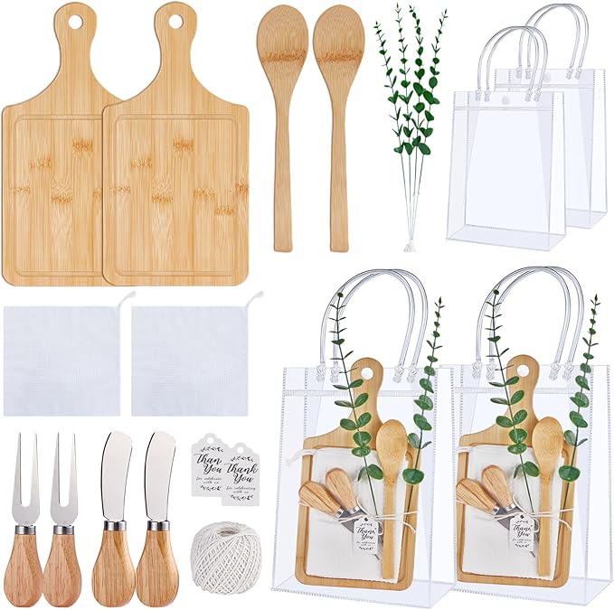 Baby Shower Prizes for Game Winners Bamboo Cheese Board Spoon Fork Butter Spreaders Plaid Towel Thank You Card and Gift Bags for Baby Shower Wedding Bridal Shower Favors (Bamboo, 2 Sets)