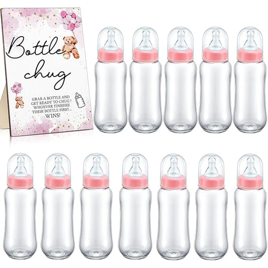 Roowest Bottle Chug Baby Shower Game Favors 12 Pcs Baby Bottles Shower Favor with 1 Wooden Sign for Gender Reveal Party Supplies Gifts(Lovely Bear)
