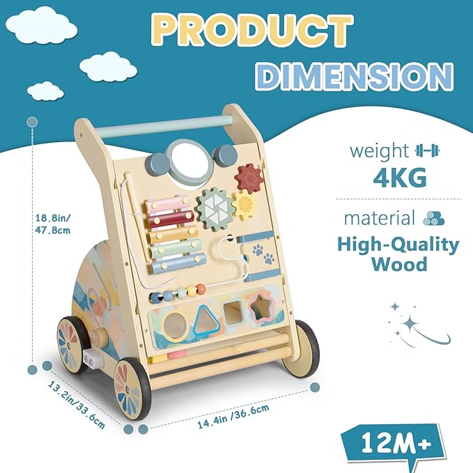 Wooden Baby Walker, Detachable Activity Busy Board, Baby Walking Toys Push Walkers for Babies 6-12 Months