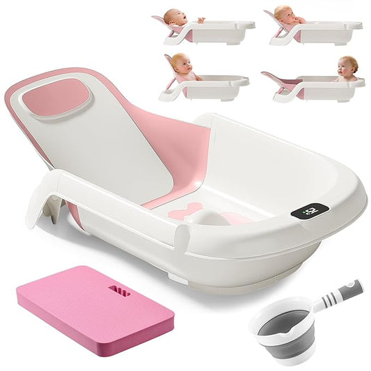 Reclining Baby Bathtub for Newborn, Angle Adjustable Baby Tub for Infant to Toddler, Bath Support in Tub, Thermometer & Bath Kneeler Rest Pad & Clean Rinse Cup, 6-36 Months-Pink