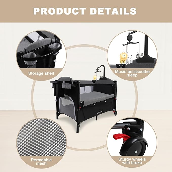 MMBABY Baby Bedside Crib,Pack and Play,Multifunction Portable Large Playard from Newborn to Toddlers,U-Shaped Diaper Changer