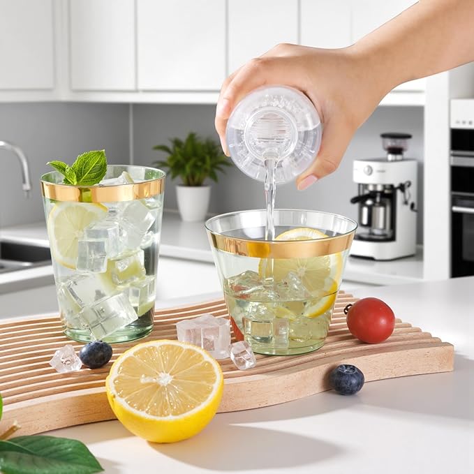 supernal 100 Pack Green Plastic Cups, 9 Oz Clear Green Disposable Cups with Gold Rimmed - Plastic Wine/Cocktail Glasses, Disposable Bridal/Shower Baby Shower Cup Perfect for Party & Wedding