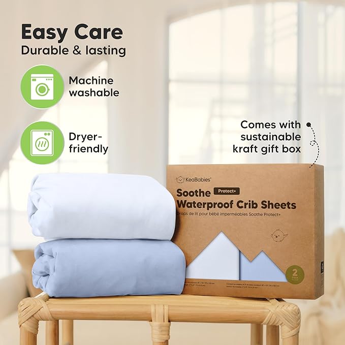 2-Pack Waterproof Crib Sheets for Boy, Girl - Organic Cotton 52X28 Fitted Crib Sheets Neutral,Crib Mattress Protector Sheets,Soft Toddler Bed Sheets,Washable Infant Fitted Baby Crib Sheets (Blue Flax)