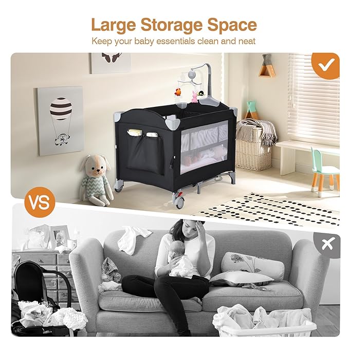 JOYMOR 4 in 1 Pack and Play, Baby Bedside Bassinet, Sturdy Play Yard with Padded Mat and Toy bar with Soft Toys