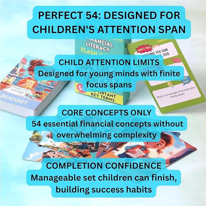 Financial Literacy Flash Cards - Great for Teaching Kids Through Middle School - 54 Educational Money & Learning Resources - Teach Cashflow, Stock, Debit, Saving & Budgeting