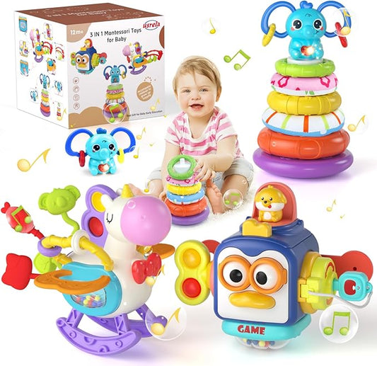 Baby Toys for 1+ Year Old, Busy Board Sensory Toys for Toddlers 1-3, Baby Toy for 12-18 Months, Pull String Teether, Stacking Blocks, 3 in 1 Travel Toy Gifts for 1 2 3 Year Old Boy Girl