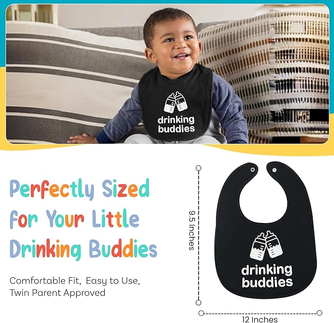 100% Cotton Drinking Buddies Twin Bibs Cute & Practical Unisex Bibs for Twins with Waterproof, Durable, for Everyday Use