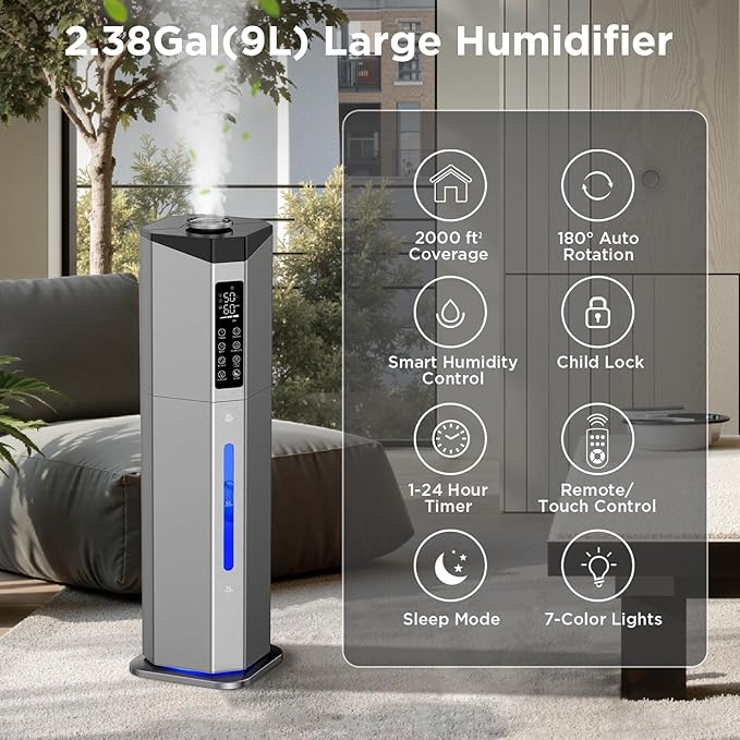 Humidifiers for Bedroom - GloryAir 2.38Gal/9L Dual Atomizers Top Fill Humidifier for Large Room 2000ft² with Auto Rotation 7-Color Light Humidistat Quiet Commercial Humidifiers for Plants Baby Adults