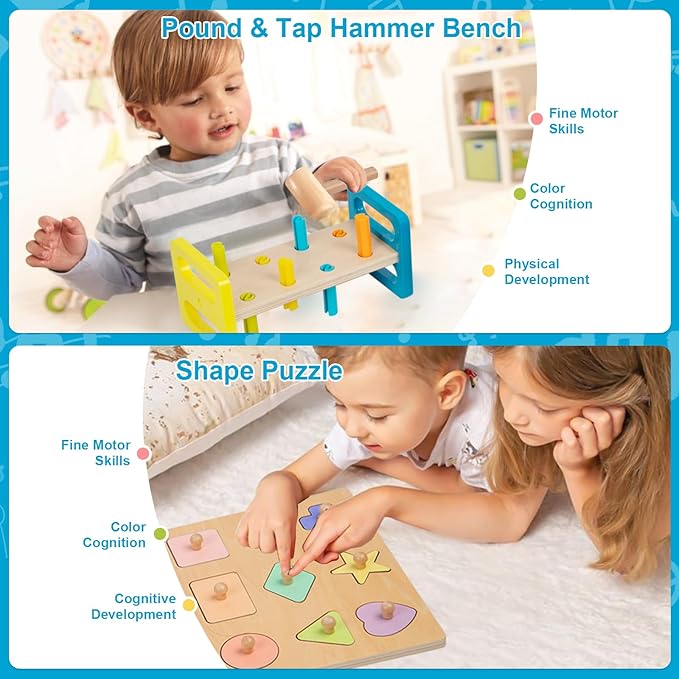 Adena Montessori Play Kit for 13-18 Month Baby,8 in 1 Toy,Colorful Stacking&Nesting Cup,Coin Bank,Coins,Carrots Lid,Carrots,Posting Lid,Flexble Stacker,Bead Kit,Shape Puzzle,Pound&Tap Hammer Bench