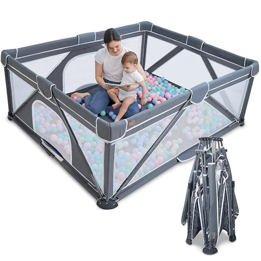 Foldable Baby Playpen, Yobear Playpen for Babies and Toddlers with 50 PCS Ocean Balls & 2 Handles, Indoor & Outdoor Kids Safety Play Pen Area, Portable Travel Play Yard (Black, 71" × 59")
