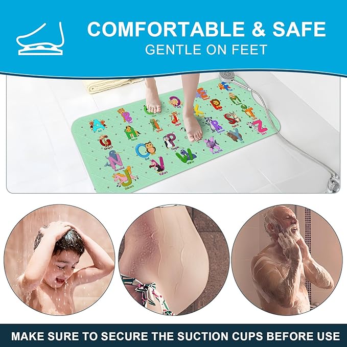 XIYUNTE Baby Bath Mat for Tub Non Slip Kids Bath Mat - 40''x16'' Extra Long Cartoon Baby Bath Tub Mat Eco-Friendly Toddler Bath Mats with Suction Cups, Easy to Clean & Easy Drying, Alphabet(Green)