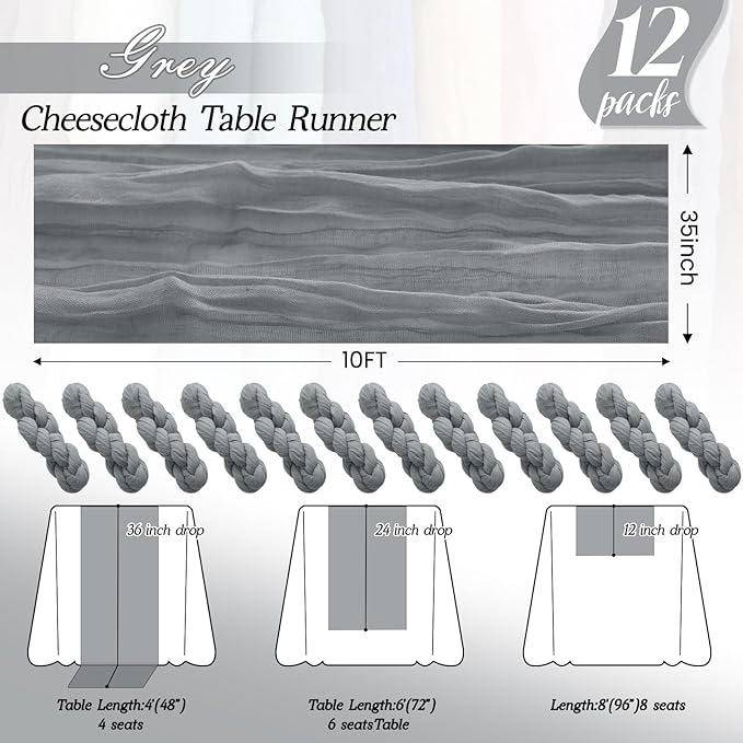 12Pack Grey Table Runner 35 x 120 inch Cheesecloth Table Runner 10FT Boho Table Runners Rustic Gauze Cheese Cloth Table Runners for Party Wedding Birthday Dining Bridal Shower Baby Shower Decor