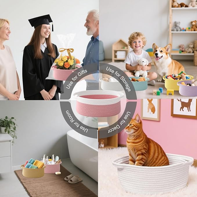 Gift Basket with Gift Bag and Ribbons,Small Rope Woven Shelf Storage,Baskets for Gifts Empty,Birthday,Shower,Decorative Organizer Box for Cat Dog Pet with Handles(White&Pink)