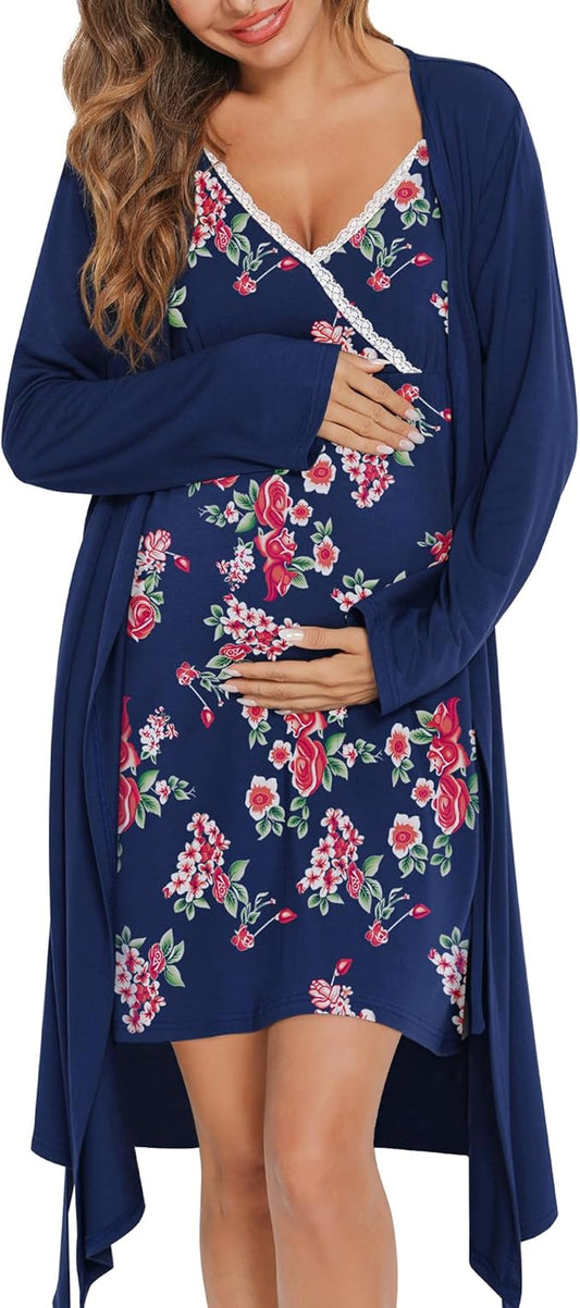 SWOMOG Womens Maternity Robe 2 Piece Nursing Nightgown for Breastfeeding 3 in 1 Labor Delivery Nursing Dress Lace Bathrobe