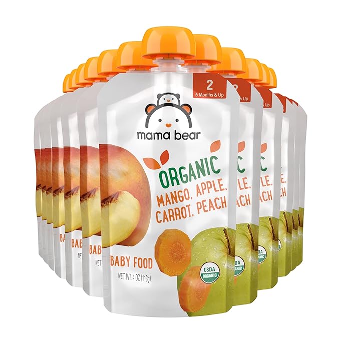 Amazon Brand - Mama Bear Organic Baby Food, Stage 2, Mango, Apple, Carrot, Peach, 4 ounce (Pack of 12)