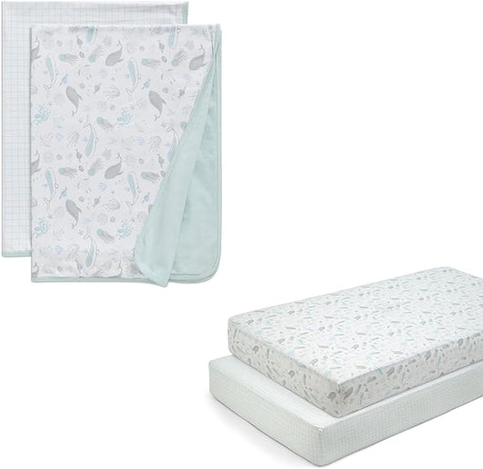 Delta Children 100% Organic Cotton Fitted Crib Sheets, Sea Life + 100% Organic Jersey Cotton Baby Receiving Blankets – 30x40 Inches, GOTS Certified (Pack of 2) (Bundle)