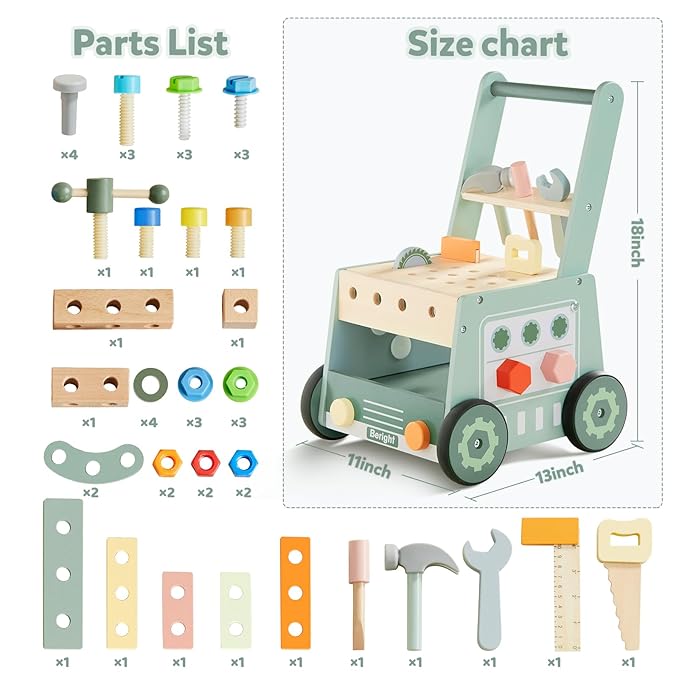 Beright Wooden Baby Push Walker, Wooden Baby Walker and Tool Toy for Toddlers, Kids Tool Bench, Baby Activity Center, Toddler Montessori Educational Toys, Green