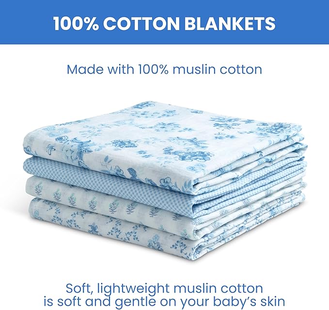 Delta Children 100% Cotton Muslin Baby Receiving Blankets for Girls and Boys – 47x47 Inches (Pack of 4), Blue Botanicals