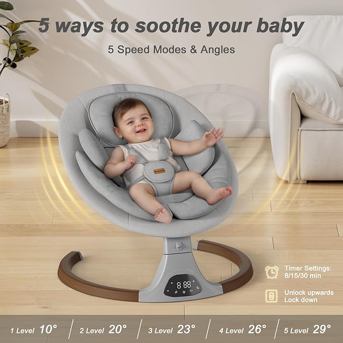 Baby Swings for Infants, Monamii Baby Swing, Bluetooth Infant Swing with Music Speaker, 5 Speeds and Remote Control, Indoor & Outdoor Use (Light Grey)