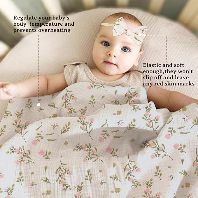 2 Pack Muslin Swaddle Blankets and Headbands for Baby Boys Girls Receiving Blanket for Newborn 47 x 47 inches Soft Breathable Swaddle Blanket Wrap