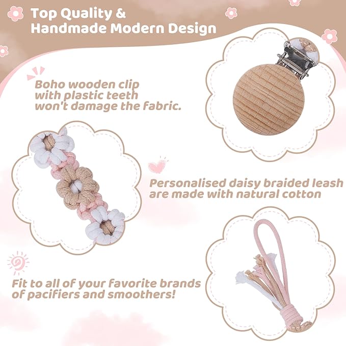 Pacifier Clip for Boys Girls Floral Daisy Macrame Baby Paci Clip Pacifier Holder Leash Boho Wooden Clips Handmade Braided Cotton Binky Clips (1pack:Khaki Style B)