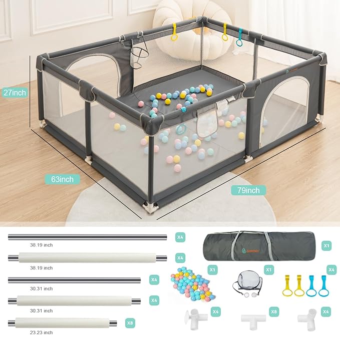 COMOMY Baby Playpen for Toddlers, 79" x 63" Extra Large Baby Playard, Safe and Non-Slip Baby Fence, Full Mesh Design, Indoor & Outdoor Kids Activity Center, Baby Play Pens (Dark Grey)