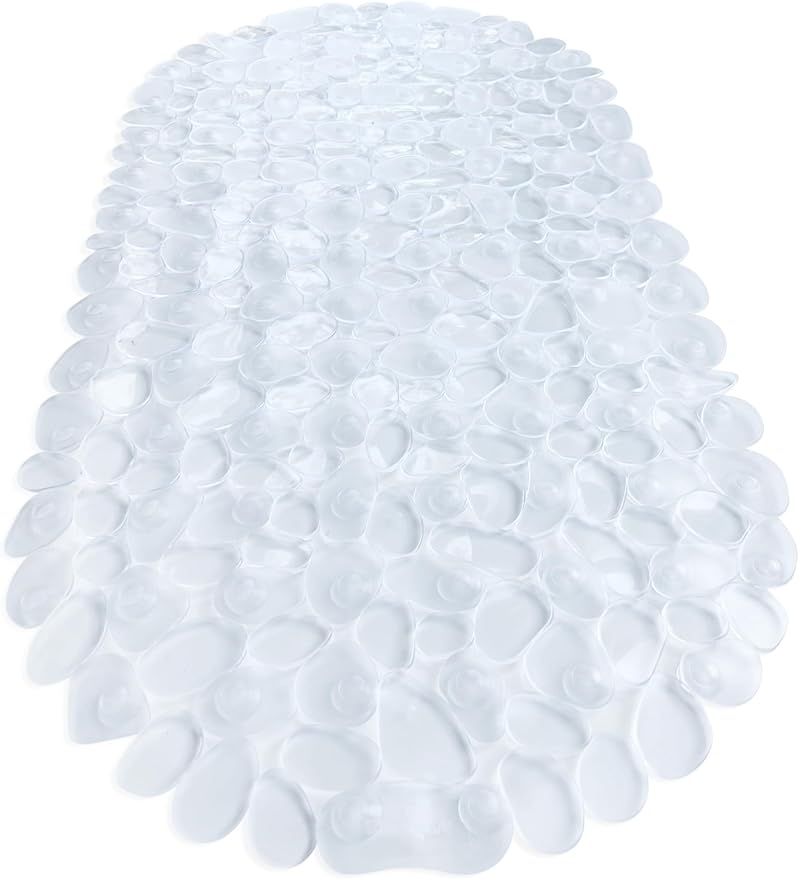 “Pebbles” Non-Slip Bathtub & Shower Mat 27”x14” Oval - Non-Toxic - Safe, Clean, Machine-Washable, Superior Grip & Drainage, Vinyl, for Smooth Floors ONLY, Transparent Clear