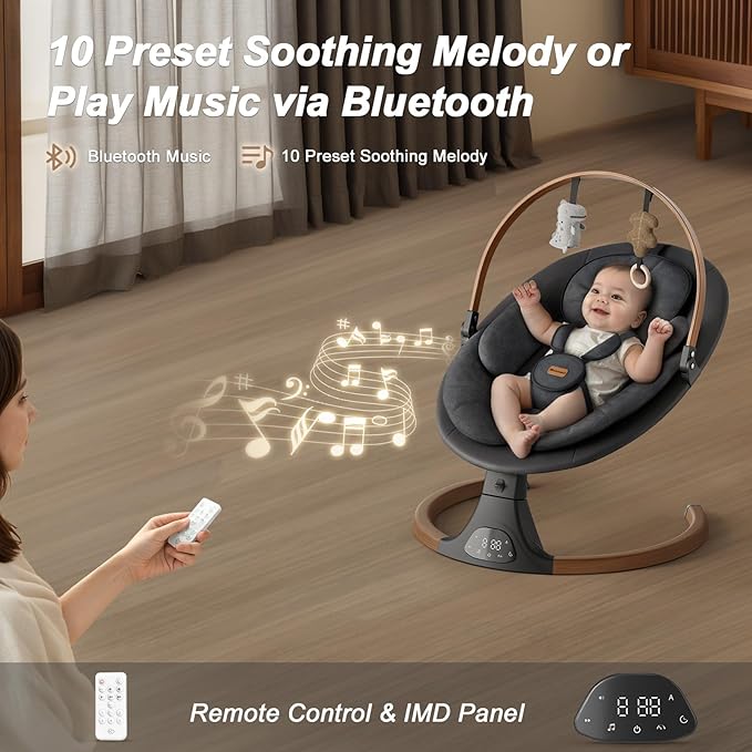 Baby Swings for Infants, Monamii Baby Swing, Bluetooth Infant Swing with Music Speaker, 5 Speeds and Remote Control, Indoor & Outdoor Use (Black)