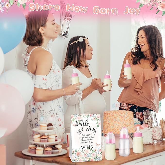 TrelaCo Bottle Chug Baby Shower Game 20 Pcs Baby Bottles Shower Favor with 1 Flowers Theme Sign for Gender Reveal Party Supplies Gifts(Pink)