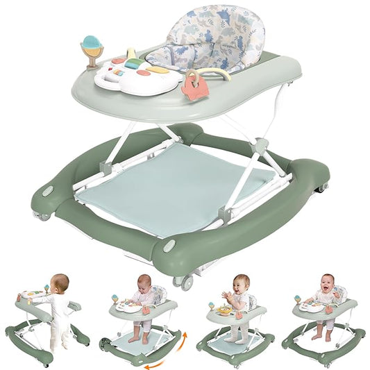 Foldable Baby 5-in-1 Activity Walker - Rocker, Activity Center, Bouncer, Seat Walker, Push Walker - Adjustable Speed Rear Wheels and Height Toys Ages 6-18 Months… (Light Green)