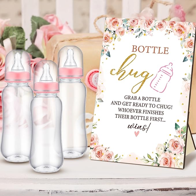 TrelaCo Floral Cool Baby Shower Games Bottle Chug Sign Wooden Floral Gift Sets Gender Reveal Party Favors and 12 Pcs Baby Bottle Shower Favor for Games Gender Reveal