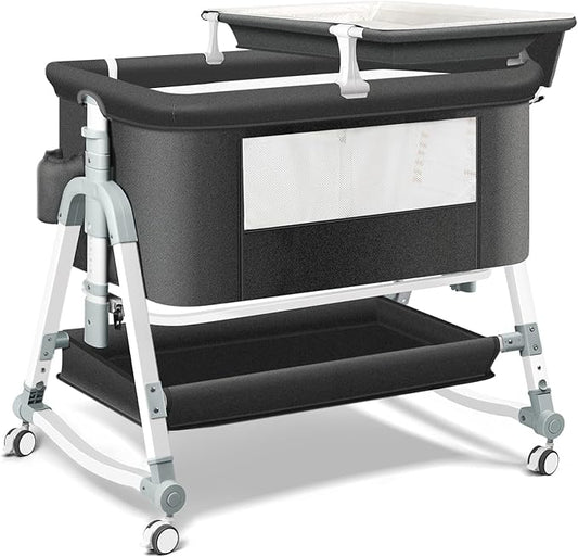 4 in 1 Bedside Bassinet for Baby, Portable Bassinets with Wheels, Baby Crib with Changing Station, Mattress Included and Storage, Foldable Travel Bassinet for Infant/Newborn- Black- Half Mesh