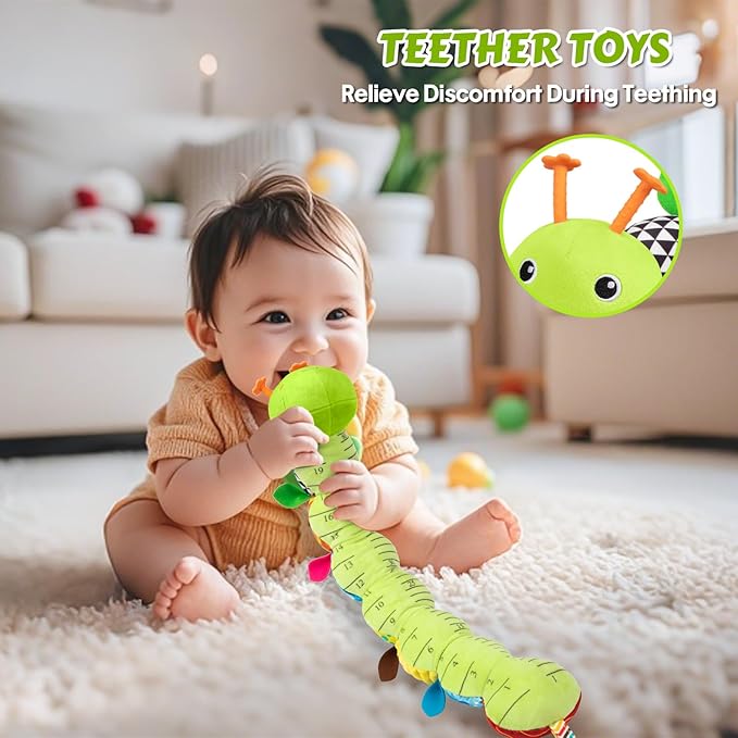 Baby Toys Musical Caterpillar, Infant Stuffed Animal for 0-6 6-12 Months with Crinkle and Rattles, Tummy Time Sensory Toys Newborn Boys Girls Gifts 0 3 6 9 12 Months - Green
