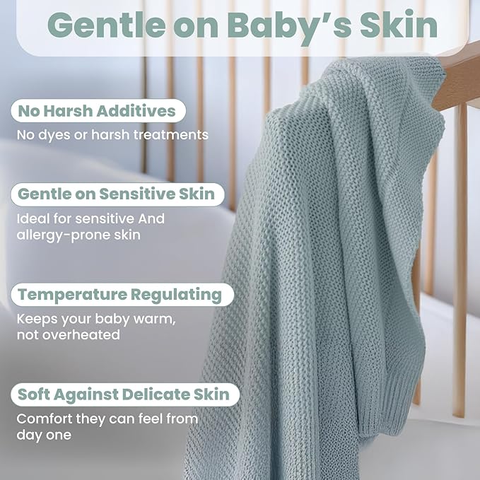 100% Organic Cotton Baby Knitted Blanket with Gift Box - Soft Toddler, Crib, Stroller Blanket - Neutral Swaddle and Receiving Blanket for Newborns, 30"x40", Sage