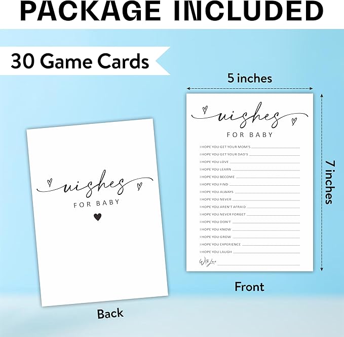 Wishes For Baby Shower Game Kit - 30 Double-Sided Fill in Game Cards, Gender Reveal Party Favor, Activity & Supplies - A14
