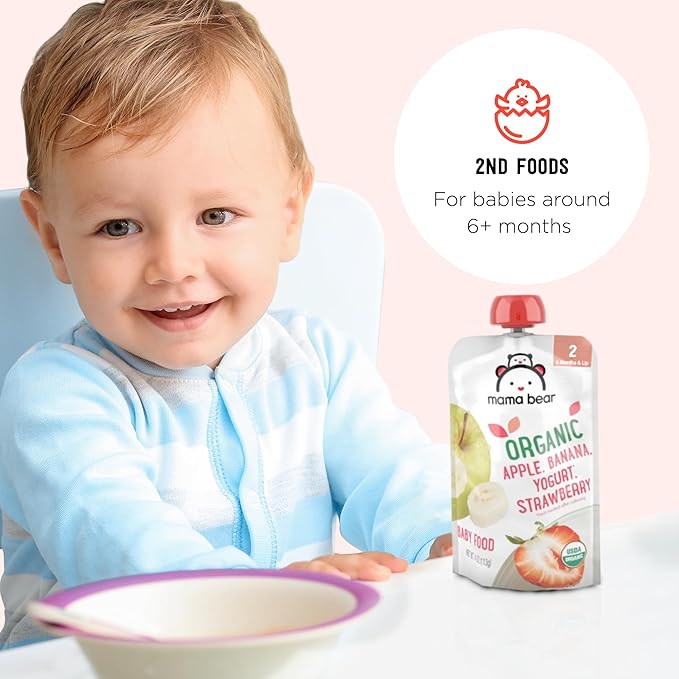Amazon Brand - Mama Bear Organic Baby Food, Stage 2, Apple, Banana, Yogurt, Strawberry, 4 ounce (Pack of 12)