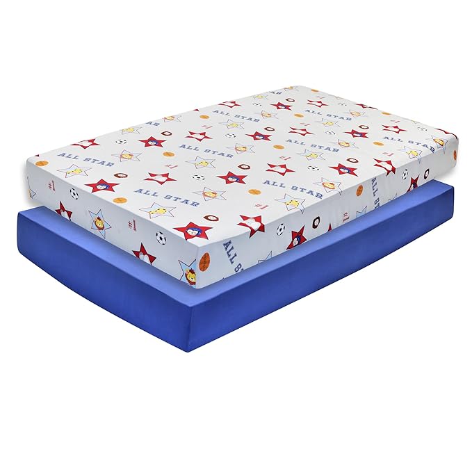 EVERYDAY KIDS 2 Pack Fitted Boys Crib Sheet, 100% Soft Breathable Cotton Baby Sheet, Fits Standard Size Crib Mattress 28in x 52in, Nursery Sheet with Giraffe, Elephants Sports Theme and Solid Blue