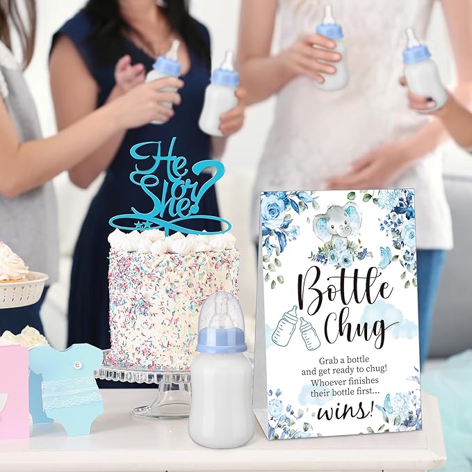 TrelaCo Bottle Chug Baby Shower Game Sign 20 Pcs Baby Bottles Shower Favor Plastic Greenery Flowers Bear Elephant Butterfly Gift Set for Gender Reveal Party(Cute Elephant,Blue)